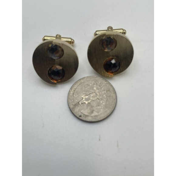 Vintage Gold Tone Textured Round Brown & Tan Crystal Encrusted Cuff Links New - Picture 6 of 8